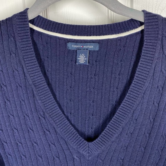 Tommy Hilfiger Cable Knit V Neck Sweater 100% Cotton Blue Womens Size Large - Picture 4 of 7
